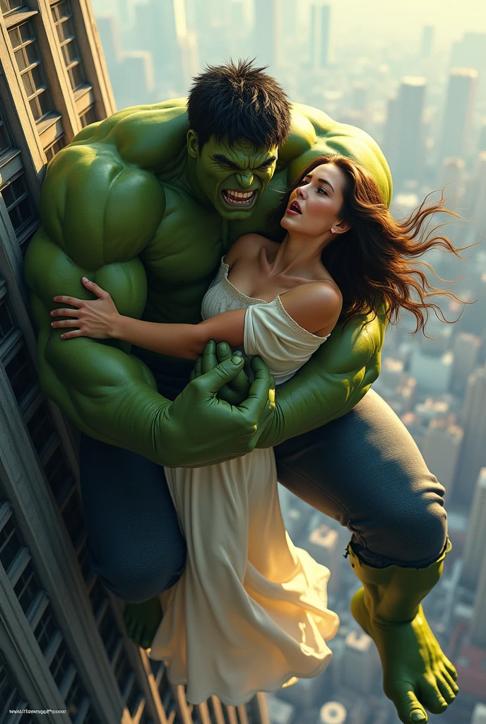 Make a photo in which hulk is holding a police girl in his arms and is flirting with her and the police girl is looking at hulk
