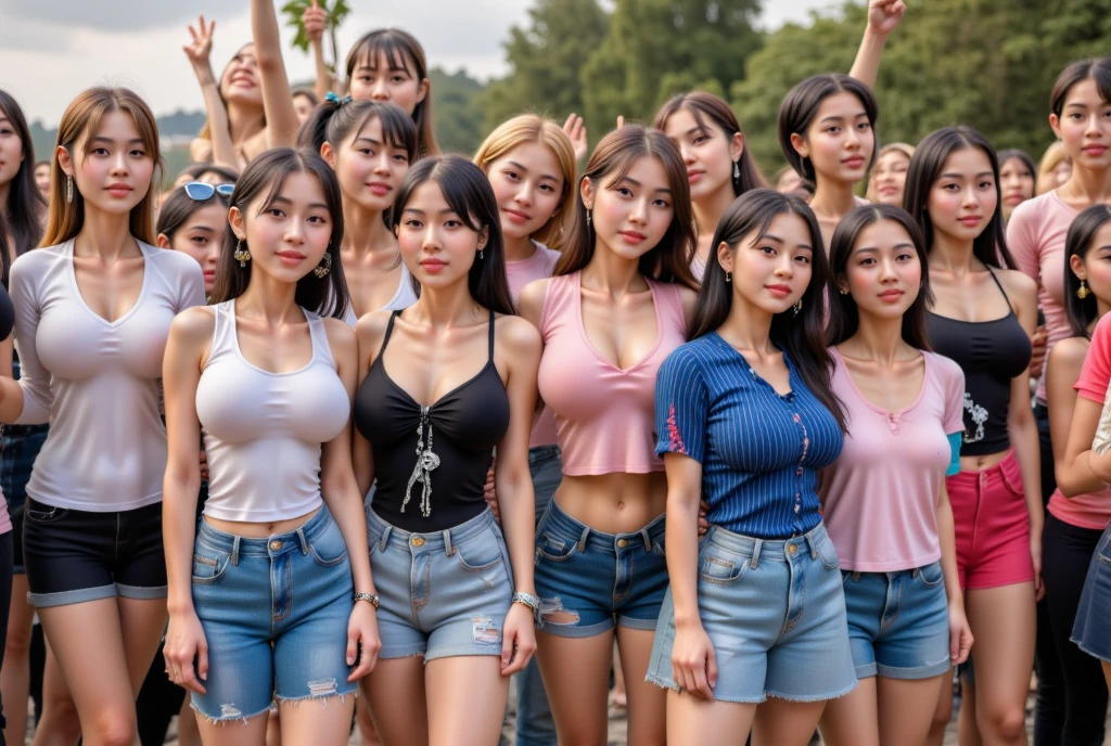 masterpiece, Better Quality, High resolution, ((Photorealistic:1.4, Raw photo, 超High resolution,Best image quality: 1.4)), ((Upper body 1.5)), Beautiful attention to detail, Natural color lip, ((Big smile:1.5)), ((Random and cute curly hair)), ((Random breast sizes from large to medium:1.3)), ((Random fashionable clothes:1.6)), ((Random Light Wear:1.2)),((Proudly、Look under the eyeole on arm:0.9)), ((Peeking from below)), ((Street Corner)), ((Random and cute expressions)),, ((Four Girls、4 people standing side by side:1.5)) Highly detailed and professional lighting、 ((Random and cute expressions:1.5))、 ((Armpit Display:1.5))、 ((She&#39;s showing her armpits:1.5))、 ((I can see your thighs:1.5))