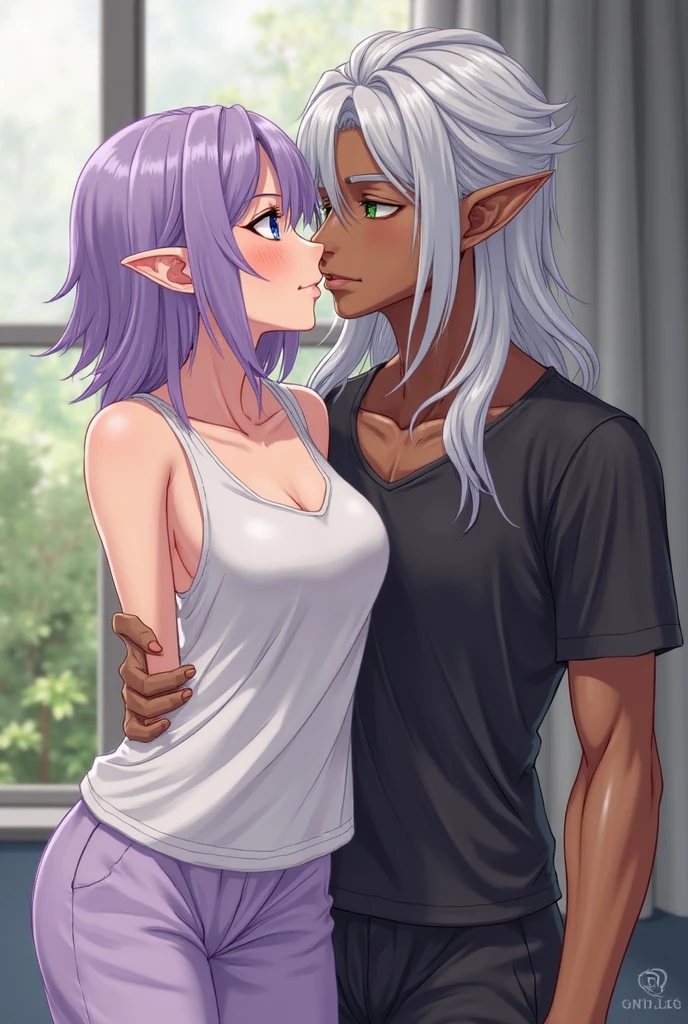 Best quality, highly detailed, ultra detailed, 1 brown skin boy, flat chest, male chest, slim curvy body, long pink dreadlocks, pink dreadlocks, pink eyes, vampire, pointy ears, sharp nails, black lipgloss, goth, naked, big butt, penis, futa, living room, sex with another boy, blowjob, sucking dick