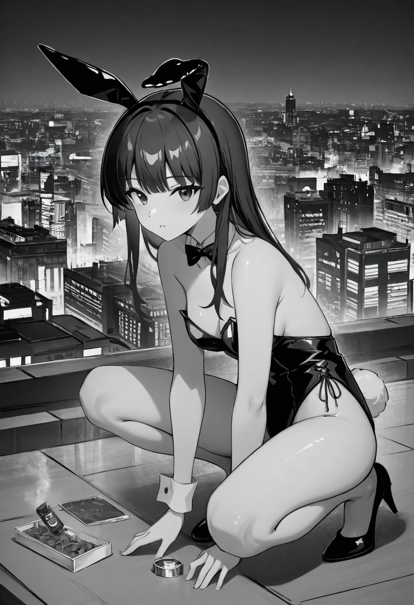 punctuation_9, punctuation_8_High above, punctuation_7_High above, break(work of art), 1 girl, standing alone, absurderes, high resolution,,pretentious smile,beautiful ass ,curve body, Bblack hair ,, Eyes red, Bblack hair, perfect lips, white bikini,white bra with R ,black socks at night,citys,ass pose,antler