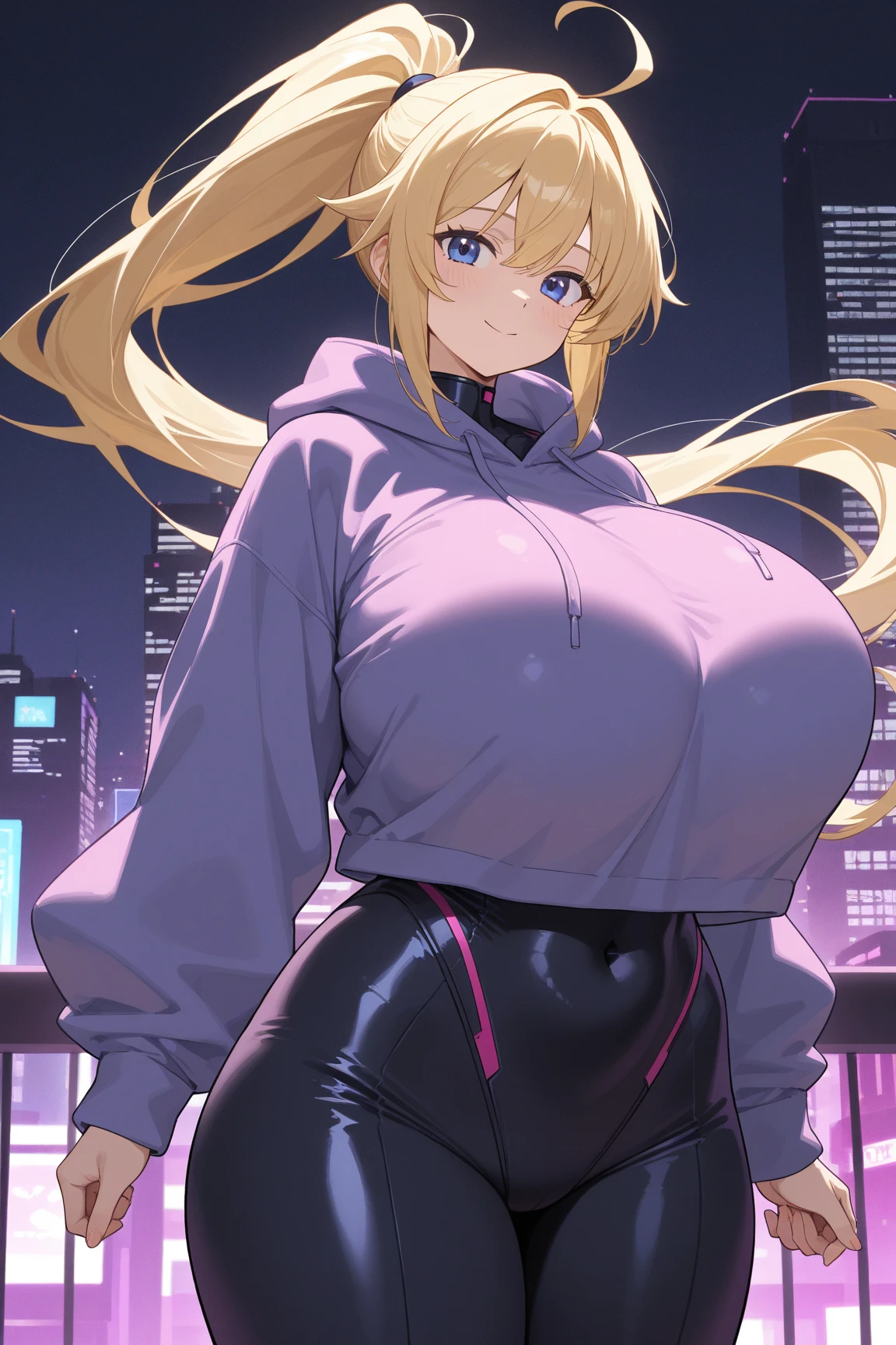 cyberpunk city, street, evening, neon light, neon sign, Masterpiece, Best Quality, high resolution, JK,huge tit,1 girls,black arco,black arcotie, Pastel yellow hair, long hair, hair covers one eye, purple eyes, tight, big breasts, big thighs, expression smiling shy, 