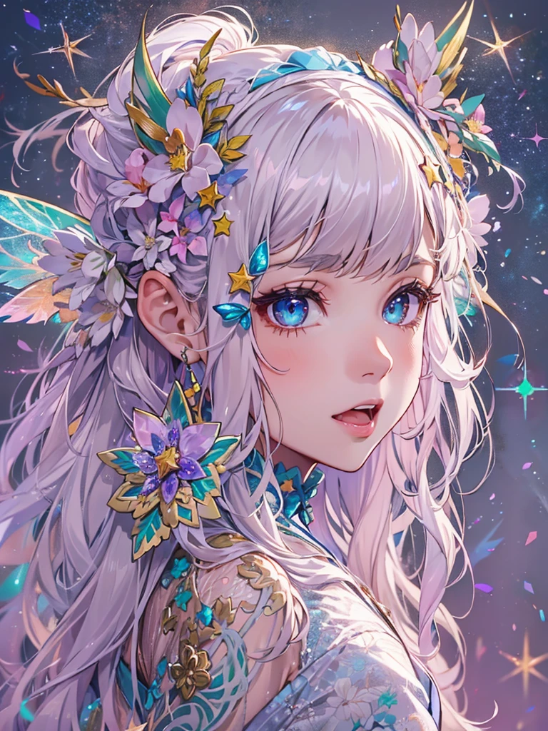 Watercolor beautiful feathers, stars and universe, exploring 10 years old girl, with smile, Full body, face side, fantasy illustration, perfect face, with beautiful face and with stars, beautiful flowing light hair, beautiful face, perfect face, perfect eyes, love, flowing dress, vivid vibrant colors, intricate detail, hyper detailed, hyper quality, 32K, unreal engine, isolated on white background, kawaii, clipart, fantasy art --auto --s2