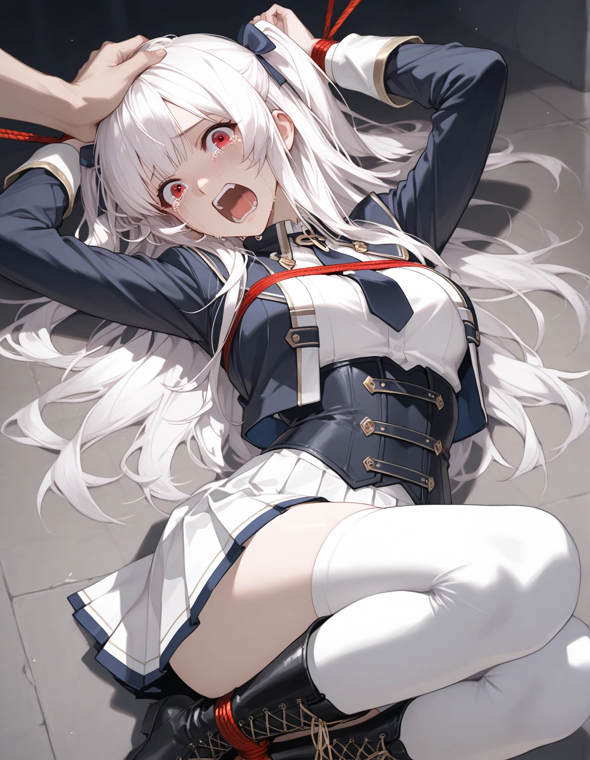 ultra-detailed, Explicit, Beautiful body, Beautiful Nose, Beautiful character design, perfect eyes, perfect face, ultra highres, 4K, beautiful legs, perfect legs, perfect anatomy, Nice hands, Perfect hand, Masterpiece, Best Quality, Highly detailed, illustration, absurdres, street fighter, doll suit, shadaloo doll, dollsuit, expressionless, blank eyes, looking at viewer, red gloves, emotionless, black latex, corrution, mind control, female combatant, full body, hypnotized, unhappy trance, full body suit, ribbed bodysuit, both arms at side, obey, perfect female body, extremely glossy latex, hypnosis, hypnoLora, empty eyes, Mind control device, poses, submissive_pose, Slave, hat, necktie, sitting up straight, sitting, sitting at attention, hat, necktie, belt, latex, ribbed bodysuit, thighhighs, garter belt, Fighting Stance, military, thigh boots, 1girl, solo, military, Sakayanagi Arisu, Classroom of the Elite, staff, white hair, blue eyes, medium hair, braids, hair ornaments