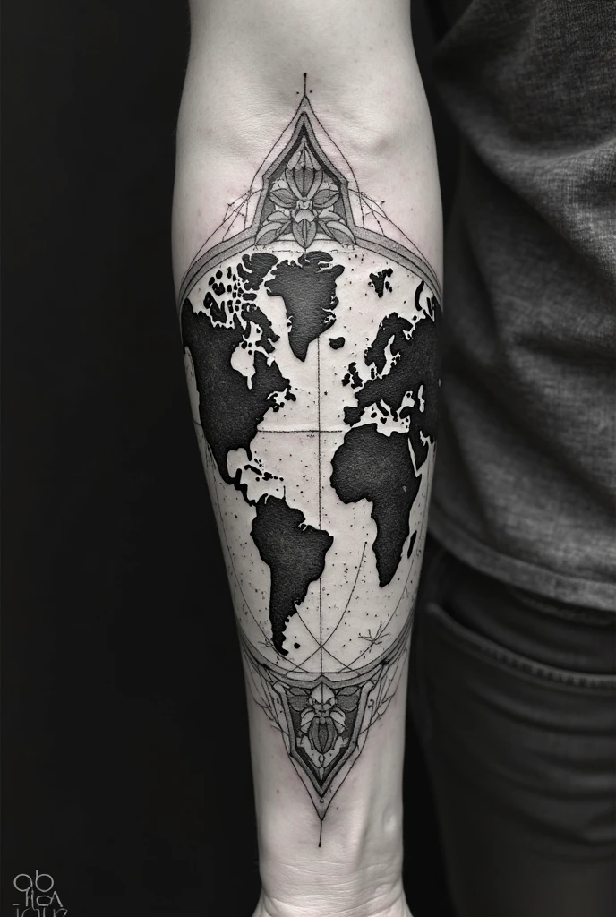 Create a tattoo art representing the butterfly effect having a world map in its image, a butterfly on the left side, a hurricane on the right side with a line connecting the two around the map, written on this line: "A flutter of wings". Simpler, drawning, black and gray, minimalistic, bonitas, moderno