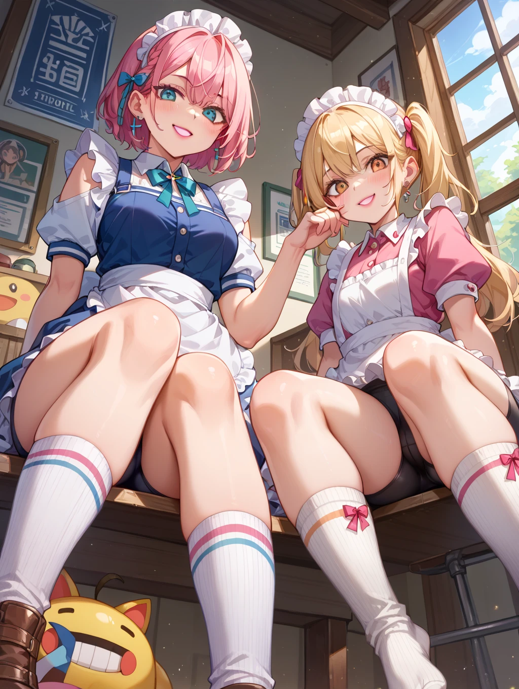 highest quality、masterpiece、((2 girls:1.5))、((smile:1.3))、(blush:1.3)、Black Shirt、blouse、((fun!!))、(Small breasts)、(Blonde:1.3)、(long hair)、(Long sleeve)、((White apron:1.5))、((Maid))、((hair ornaments)),、Kamimei、look at me、 ((in house:1.5))、 Taking a break from watching the audience、Cowboy Shot、(Skirt lift:1.3),(Highly detailed pink striped panties:1.3)、(Highly detailed panties:1.3)、、(スカート that rolls up:1.3)、(Panties fully exposed:1.5)、Light blue eyes、long hair、Glowing Eyes
