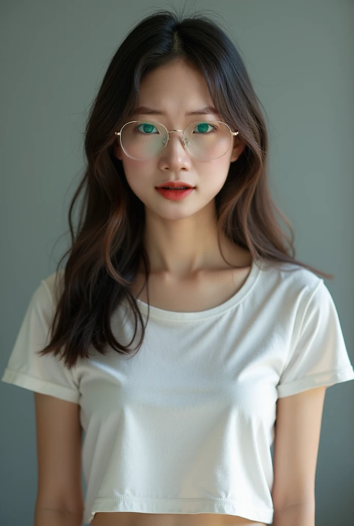 elegant woman, beautiful detailed eyes, beautiful detailed lips, extremely detailed eyes and face, long eyelashes, slender body, thin face, delicate features, flawless porcelain skin, glistening sweat, ultra-fine fingers, best ratio four finger and one thumb, realistic, oversized T-shirt, mini skirt, one-person viewpoint, Fuji Film, F/1.2, 8K, masterpiece, nffsw, super detail, high quality, best quality, high resolution, glasses, mole under right eye, gravure pose, natural hand pose