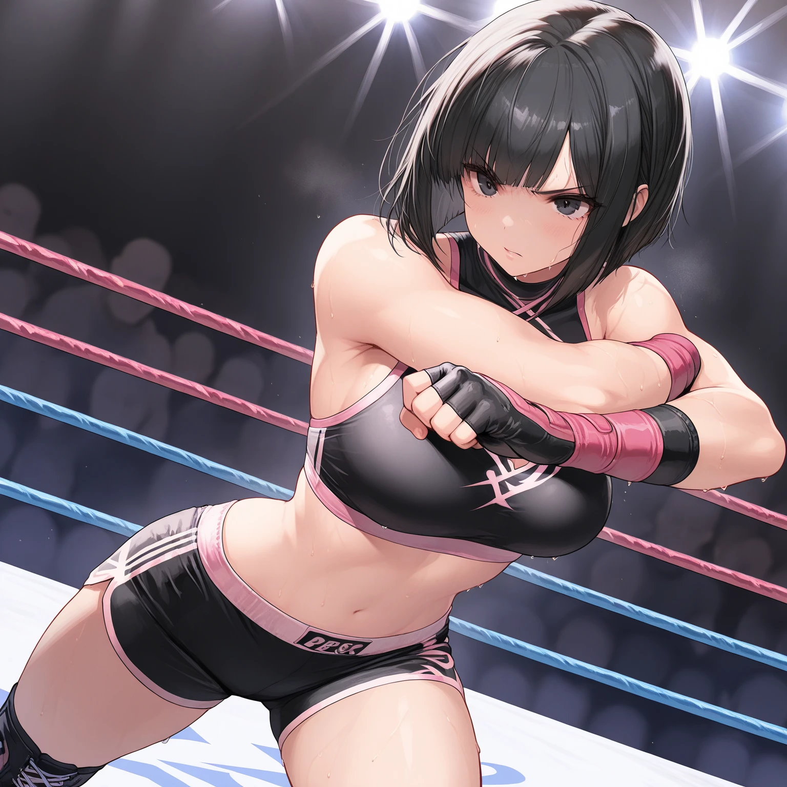 A woman in a tight micro bikini inside a wrestling ring