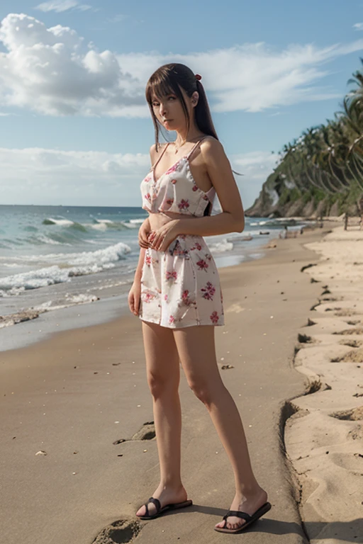 A girl standing in shallow sunset, wearing a straw hat and swimsuit with a dress or shorts. She is surrounded by flowers and starfish. The scene is a masterpiece with the best quality, capturing the beauty of the sunset. The colors are vibrant and the lighting is focused on the girl, creating a captivating cowboy shot. The image is ultra-detailed and realistic, with professional studio lighting to enhance the overall quality. The artwork is inspired by the concept of a shallow sunset, highlighting the warm and soft tones. The girl's face and features are extremely detailed, with beautiful eyes, lips, and long eyelashes. The combination of the girl's pose, clothing, and surroundings sets a dreamy and serene atmosphere, making it a visually stunning composition.