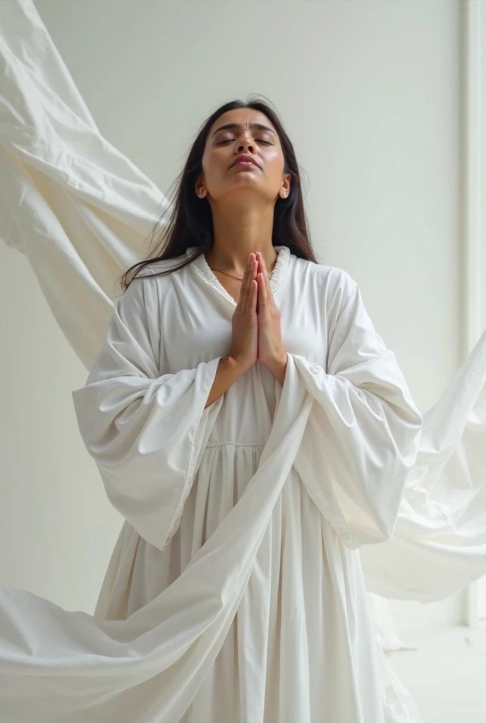 Girl meditating, soars in space, hands on knees JNANA MUDRA, small, long flowing dark hair, Translucent white clothes, raised head, Beautiful face, Hyperrealistic photo, cinematic soft lighting, full length photo, 200mm lens