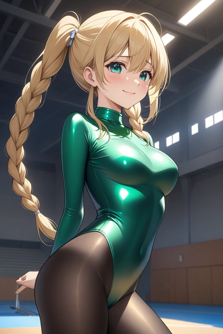 top-quality、Full limbs、complete fingers、Slender beauty、Women with straight hair、(Women with blonde hair)、Longhair Woman、(Red beret)、(Beautiful busty woman:1.3)、(A woman wearing a yellow-green leotard)、A big smile、gym、Muscle training