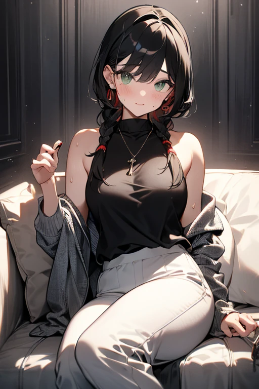 Masterpiece, girl, solo, living room, sofa, sofa, sitting on the sofa, dark gray hair with golden hair strands, hair tied up, shirt, tactile shorts, pointy breasts, [nipple], shirt shaping breasts, comfort, relaxing, calm and comfortable girl at home,
