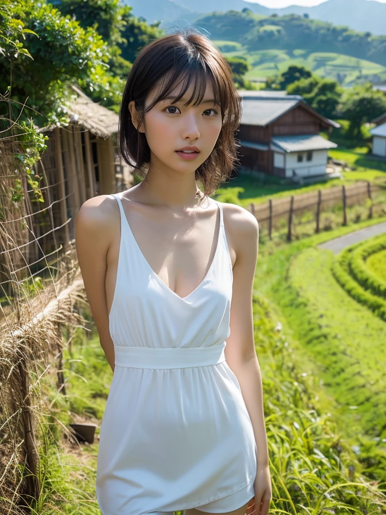 Authentic, top quality, high resolution, natural skin, portrait, Japanese woman, regular woman, smile, mature woman, in front of a white wall, above the knee, sexy summer clothes