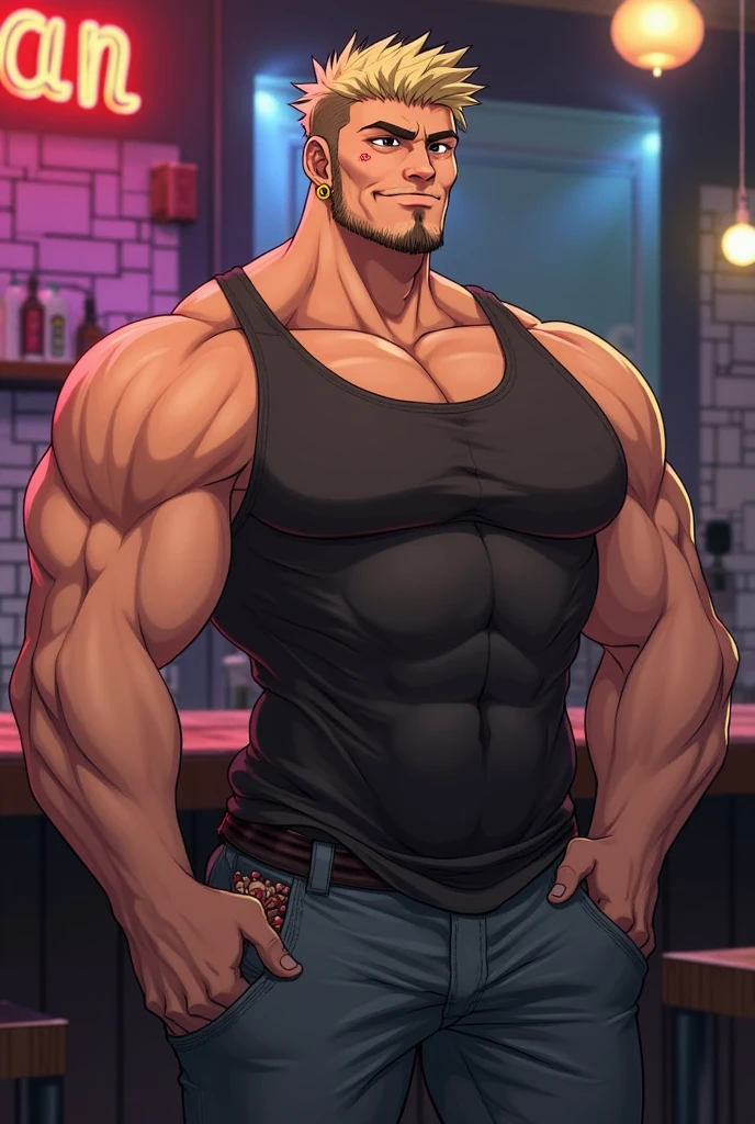 A handsome guy with the face of a panda bear and is muscular. Work at a bar called mojito panda and are celebrating gay pride month