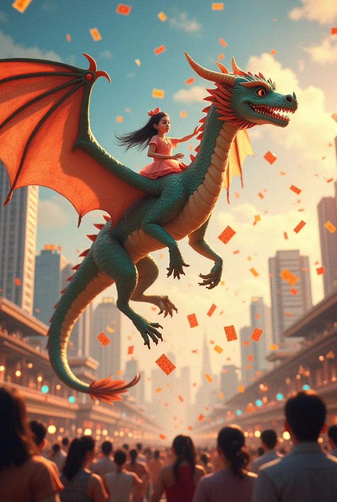 Generate a girl flying on a dragon over Moscow