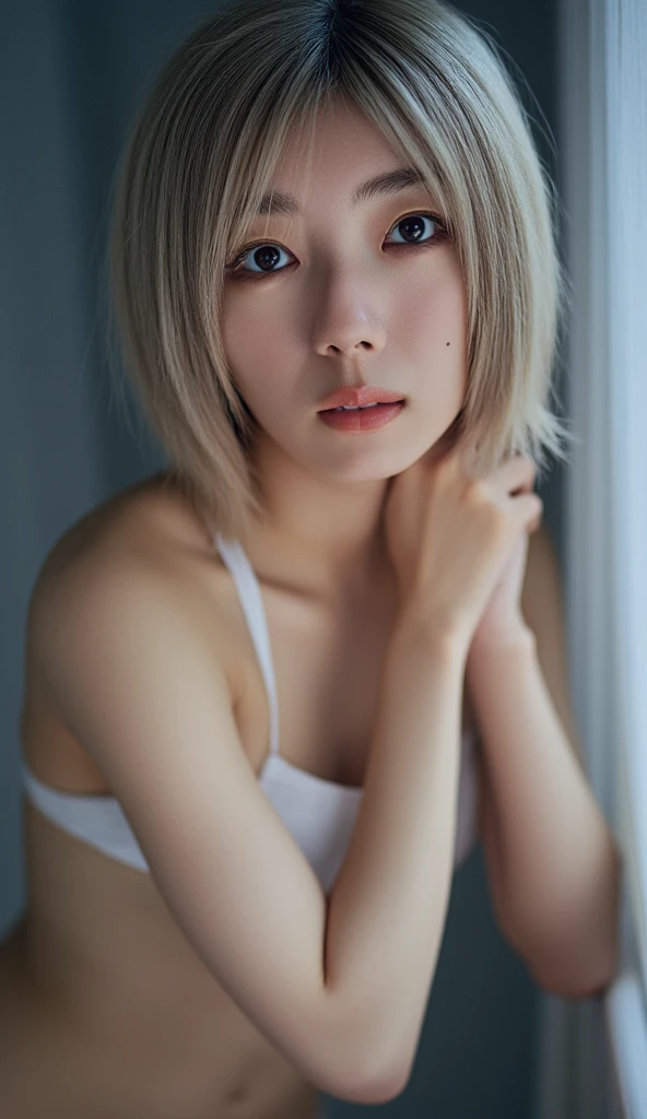 (nsfw, NUDE, topless:1.4), Best Quality, Realistic ,(Sexy Anonymous Model, 顔を隠したモデル:1.4), (1girl, ASİAN, huge breasts zoom shot, Selfie through the mirror:1.5), (ash-gray short hair, small Head, Droopy eyes, light Droopy eyebrows:1.3), making her blue eyes shine even brighter, huge Shiny eyes, accentuating her radiant white skin, Incredibly slim waist with disproportionately large breasts, and huge buttocks, exuding a sculptural beauty, /// (See-through:1.6), See-through white sports under ultra micro wear with multiple elastic white harnesses for clothing, Designed white harness, sleek curves, serene expression, futuristic accessories, reflective See-through wet surface, delicate pose, Cover mouth with one hand,  sitting, minimalistic beauty, advanced technology, harmonious stance, striking simplicity, visionary posture, (showing sexy curves:1.2), /// BREAK Adopt a curvaceous posture, (in a concrete:1.3), looking other, meat stuck to the clothing, (navel, abs:1.2), (beautiful huge breasts, bold exposure, showing breasts:1.6)、(oily and shiny skin:1.5),