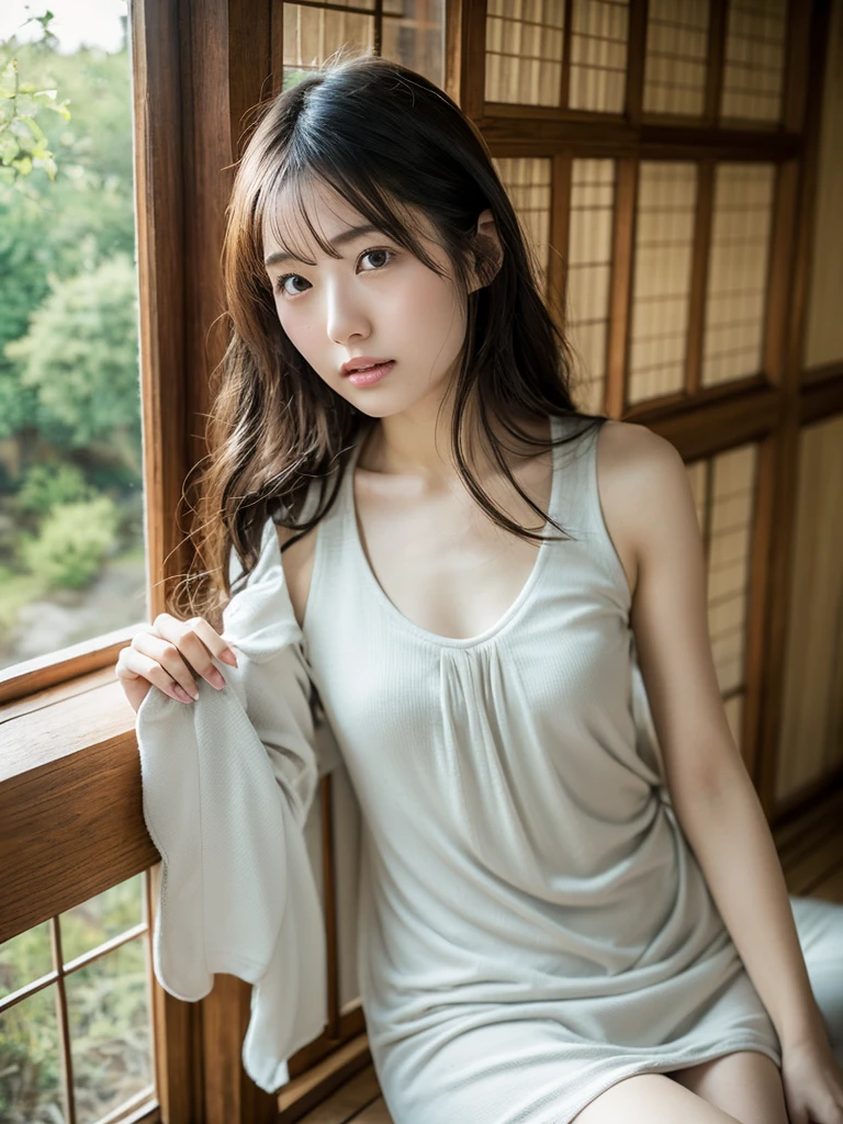 Highest quality, Face Focus, Soft Light, Ultra-high resolution, (Realistic:1.4), RAW Photos,
1 Japanese girl, alone, cute, (pupil, Light in your eyes), Beautiful face in every detail, (Small box),(High resolution detail of human skin texture),
(Long Hair),
indoor,
Damask Shirt Dress,
(Portraiture)
Large Breasts, Heavy breathing, uniform,Overall image,Panty shot