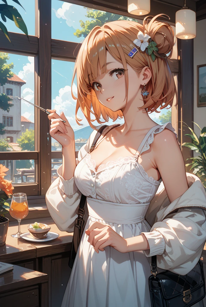 irohaisshiki, iroha isshiki, long hair, brown hair, smile,blush,open your mouth,close both eyes,tears run down her face,Crying with joy,cry a lot,white off shoulder dress,bare clavicle,bare shoulders,naked neck,long skirt,stiletto heels,A large cake and food are placed on the table.,sitting in a chair,confetti,ロマンチックな雰囲気
break indoors, A restaurant with a beautiful night view,
break looking at viewer,
break (masterpiece:1.2), highest quality, High resolution, unity 8k wallpaper, (figure:0.8),  highly detailed face, perfect lighting, Very detailed CG, (perfect hands, perfect anatomy),