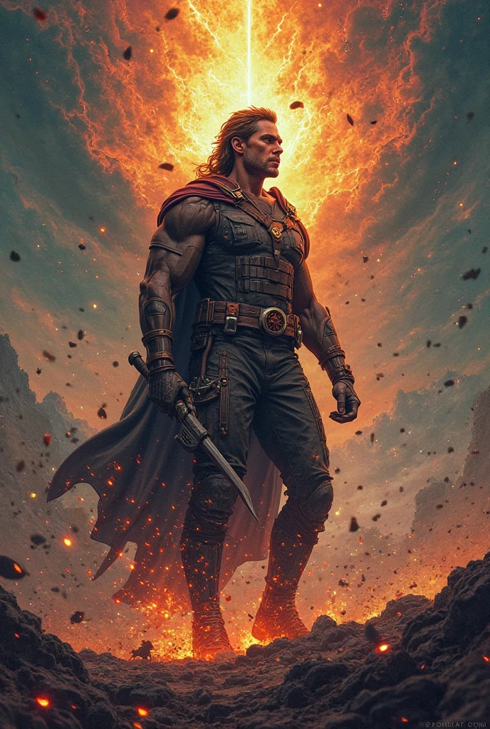 Create a dark spectrum like the galaxy and the universe fighting against a blonde man with long hair, wearing black pants and black boots, His body has tattoos with red demonic symbols, this has the power of energy