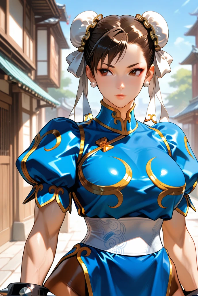 Perfect Eyes:1.2, Detailed eyes:1.4, Chunli, Red eyeshadow:1.2, smile, Big Breasts, compensate:1.2, White Belt, Chai Pao, nature, wood, Brown eyes, short hair, Brown Hair, Double Bang, bun cover, Blue Doctor.S, Pelvic Curtain, spike bracelet, sash, Brown pantyhose, Cowboy Shot, One girl, alone, (masterpiece:1.6, Highest quality), 8k, Insane Details, Intricate details, Super detailedな, super high quality, Attention to detail, Super detailed, profSional, High resolution, ray tracing reflection, Cinema Lighting,