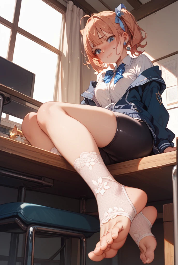 akitokun, looking at viewer, long sleeves, holding, hair between eyes, jewelry, school uniform, jacket, :d, earrings, looking back, pants, indoors,barefoot,dust on foot soles,black foot soles， hood, bag, from behind, window, hoodie, blazer, backpack, hood down, lens flare, school bag, hand in pocket, grey jacket,focus feet