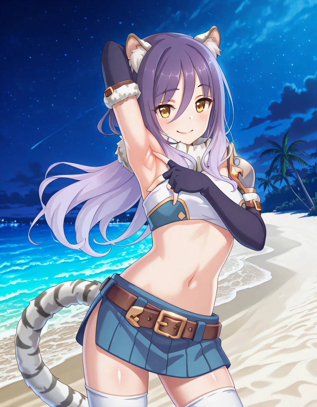 shiori, game screencap, long hair, hair between eyes, multicolored hair, purple hair, light purple hair, yellow eyes, tiger ears, tiger tail, scarf, tube top, single shoulder pad, fur trim, midriff, elbow gloves, fingerless gloves, brown belt, blue skirt, white thighhighs, shiny skin, solo, night sky, beach, armpits, spread armpit, armpits, armpit focus, ((contrapposto)), closed mouth, cowboy shot, looking at viewer, smile, best quality
