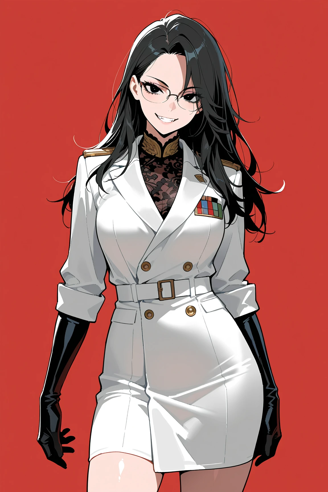 masterpiece, best quality, black hair, glasses, necklace, earrings, red sweater, turtleneck, labcoat, black miniskirt, large breasts, upper body, looking at viewer, doctor's office, smile, mischievous,