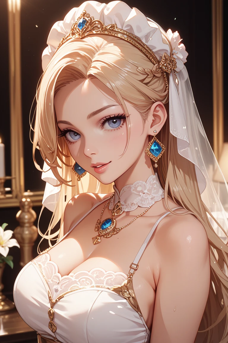 (masterpiece, best quality, beautiful and aesthetic:1.3), A beautiful elf lady, look back, side view, 1 elf girl, (solo:1.3), light smile, (honey blonde hair streaked beige:1.4), (Gradient sliver hair ends:1.6), hair strand, absurdly long hair, single sidelock, wavy hair, shiny hair, floating hair, (sky blue eyes), delicate eyes, aqua eyes, super high detailed eyes, long upper eyelashes, eyes makeup, red lips, Focus on face, Very detailed facial, (Pretty Face:1.3), Perfect medium chest, slim body, porcelain skin, (Delicate skin texture:1.2), (Highly detailed skin:1.2), bridal veil, lace-trimmed dress, see-through, wedding dress, (outdoors), white roses, garden, (morning), detailed background, beautiful background, standing, whole body, extreme detailed, Edge lighting, two color lights, 8K UHD, Bokeh, イーブイの絵, soft light, Volumetric lighting, confess, warm tone