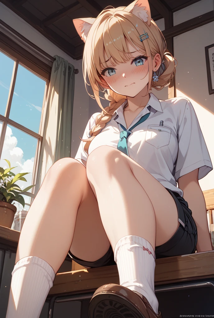 very cute and beautiful girl,(Very detailed美しい顔), (smile),blush,Black Hair,Seraphim,((Blonde、Short Hair)),(White Shirt、Pleated navy blue pread your legs、Squat)、Sitting、(From below)、(Lace panties), Country road, (Highest quality,masterpiece:1.0),Absurd,High resolution,Super detailed,Very detailed,32K,8k resolution, Intricate details,Movie Scenes,Detailed Background,alone,Dynamic Angle,