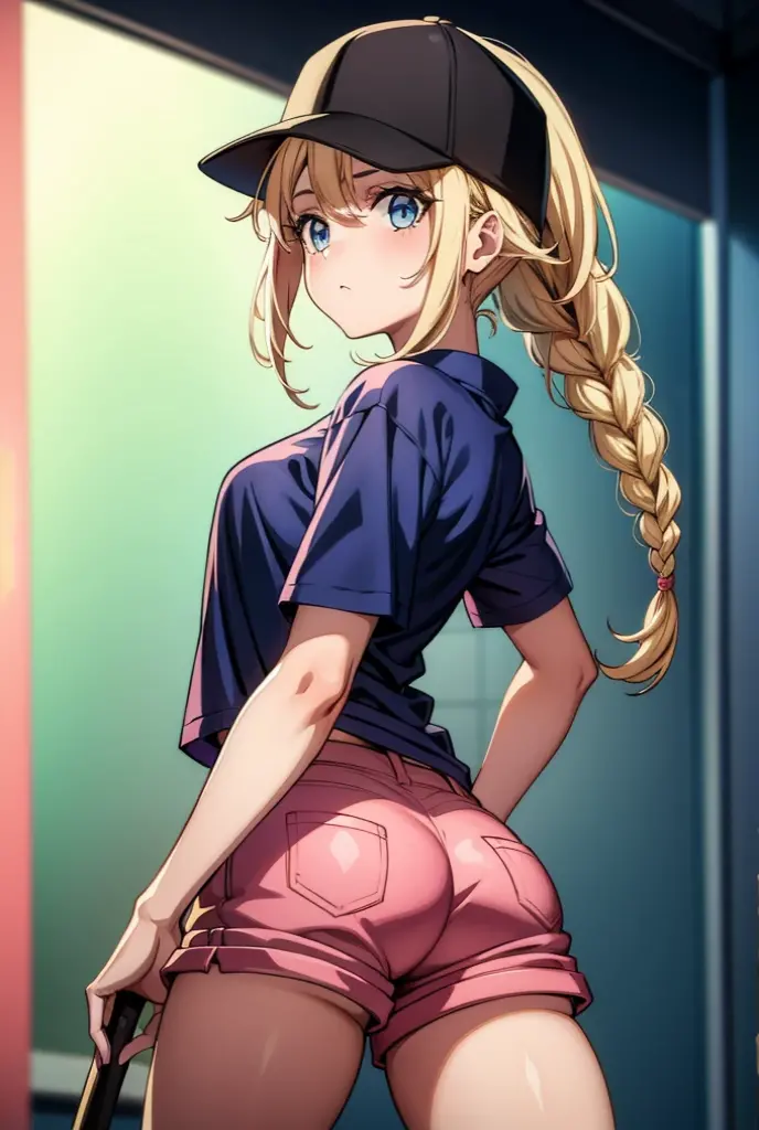 an anime girl with giant tits wearing short shorts and a baseball cap, 1girl, shorts, ass, pink shorts, blue eyes, long hair, hat, braid, solo, baseball cap, blonde hair, breasts, twin braids, looking at viewer, short shorts, thighs, looking back, short sleeves, black headwear, shirt, bangs
