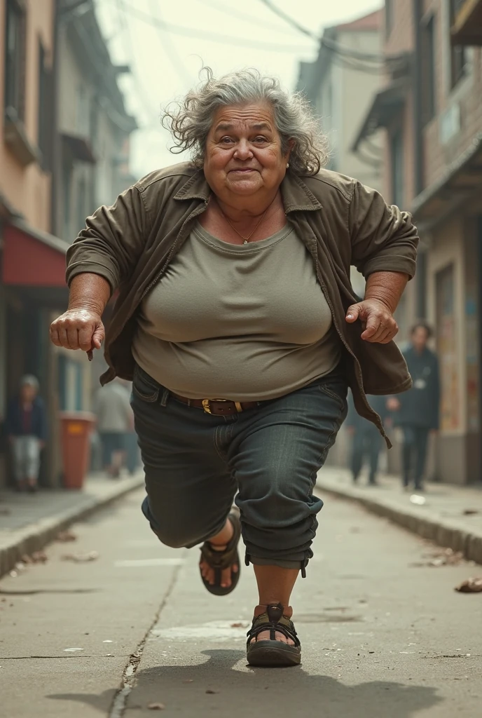 Busty old woman running after the