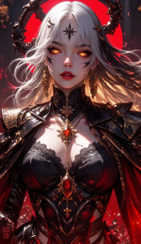 masterpiece, Bokeh, Highest quality, Realistic, Ultra-high resolution, 1 mature female, Highly detailed close-up portrait,
Queen of the Desert, (Black hijab, Red fur cloak:1.2), Black Dress, Dragonborn Armor, Intricate silver embroidery,
Beautiful red eyes, (Ultra-detailed armpits:1.4), Sweaty armpits, Glowing Skin, nice,
Complex gray background, Powerful backlight, Volumetric lighting, Soft lighting