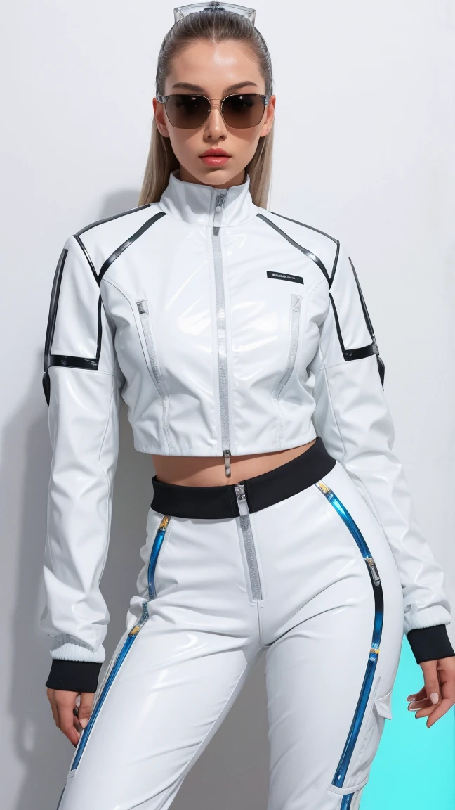 Back side view of a female model wearing a short skirt and jacket walking down a hallway, see-through white satin outfit, wearing futuristic clothing, futuristic clothes, fashionable futuristic woman, futuristic clothing, futuristic look, futuristic fashion, futuristic tech wear, futuristic fashion clothing, futuristic, wearing futuristic, cyberpunk style outfit