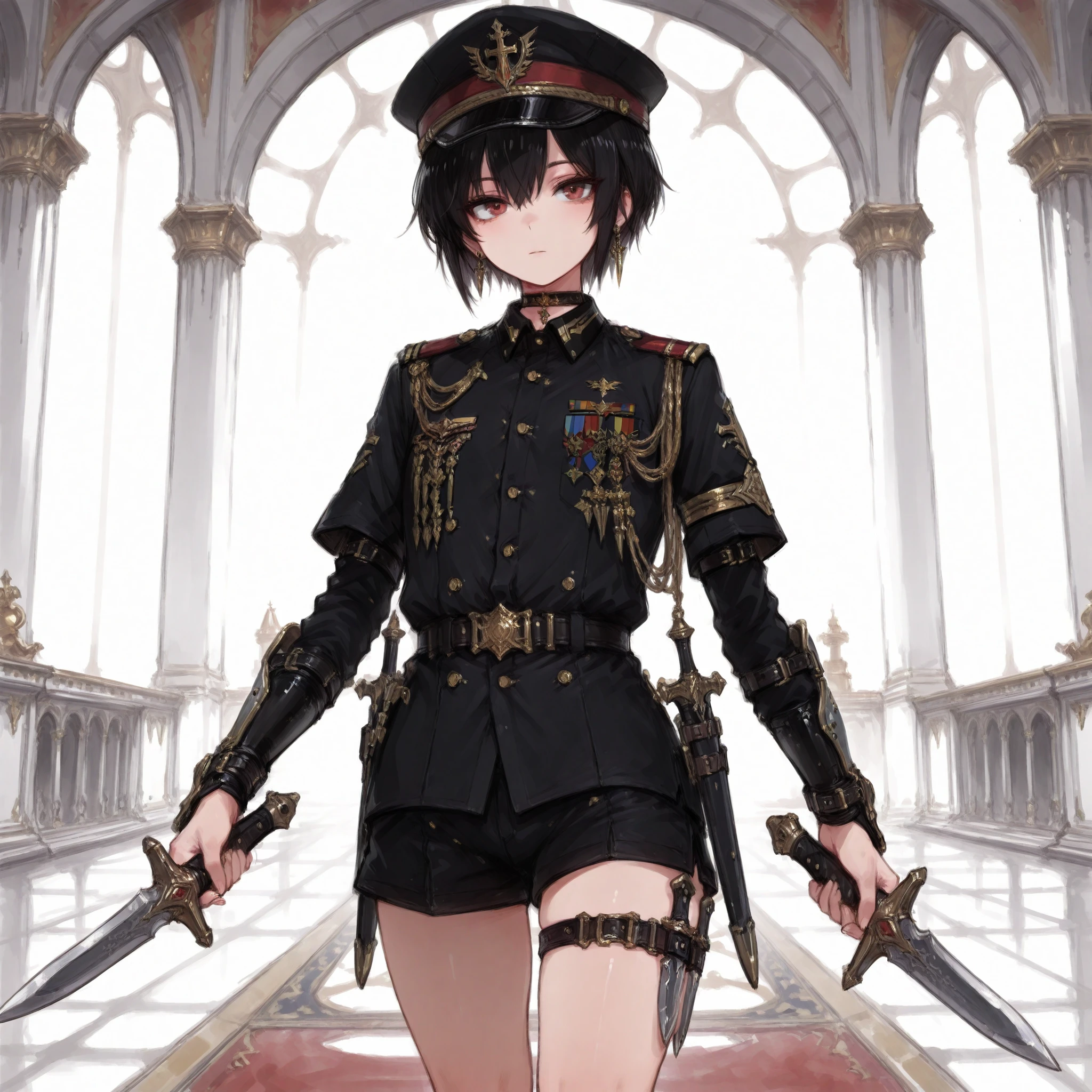 ((Best Quality)), ((masterpieces)), (detailed), Perfect Face, SOLO, ((femboy)), tomgirl, ANIME, beautiful detailed eyes, BOB hair, BOBed hair, black hair, RED EYES, BARE thighs, (((BARE LEG))), ((BLACK short pants)), (((dress shirt))), ((Flat chest)), Choker, (knife thigh strap), (General's Uniform), uniform hat, ((general uniform top)), arm straps, ((black general's uniform top draped over the shoulders)), expressionless, tight short black shorts, earring, Royal palace, GREAT HALL, (buckle), ((Tuck in the shirt)), ((uniform outerwear)), short sleeves, wrist guard, ((Holding dagger))