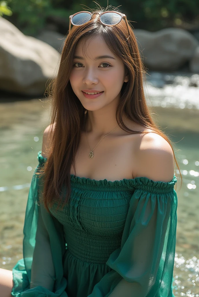 1 Attractive、((highest quality、8K masterpiece:1.3))、sharp focus:1.2、(super beautiful face:1.0)、(shiny skin:1.0)、realistic pictures、black haired、video writing、High resolution eyes and face、video writing、(cute korean actress)、from the front、beautiful breasts、smile、The beauty of slender abs、whole body、Wearing a see-through T-shirt、on the beach at night