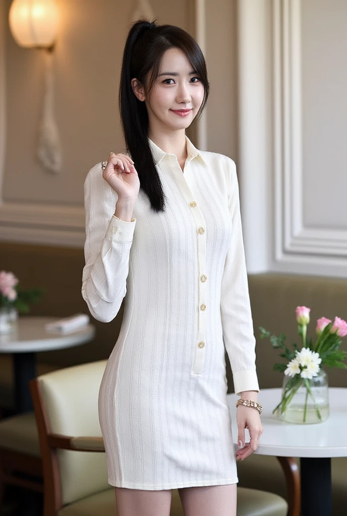 masterpiece、Highest quality、whole body、One Girl、bangs、Japanese、黒髪のLong Hair、T-Shirts、Gradient Hair、Long Hair、Staring at the audience、dress、smile、solo、sofa、Fashionable women、Pastel colored outfits、Pause、front、Luxury background elements、Confident expression、touch、scene、A bold, eye-catching title、Large and conspicuouodern and trendy、Fashion-focused launch awaits