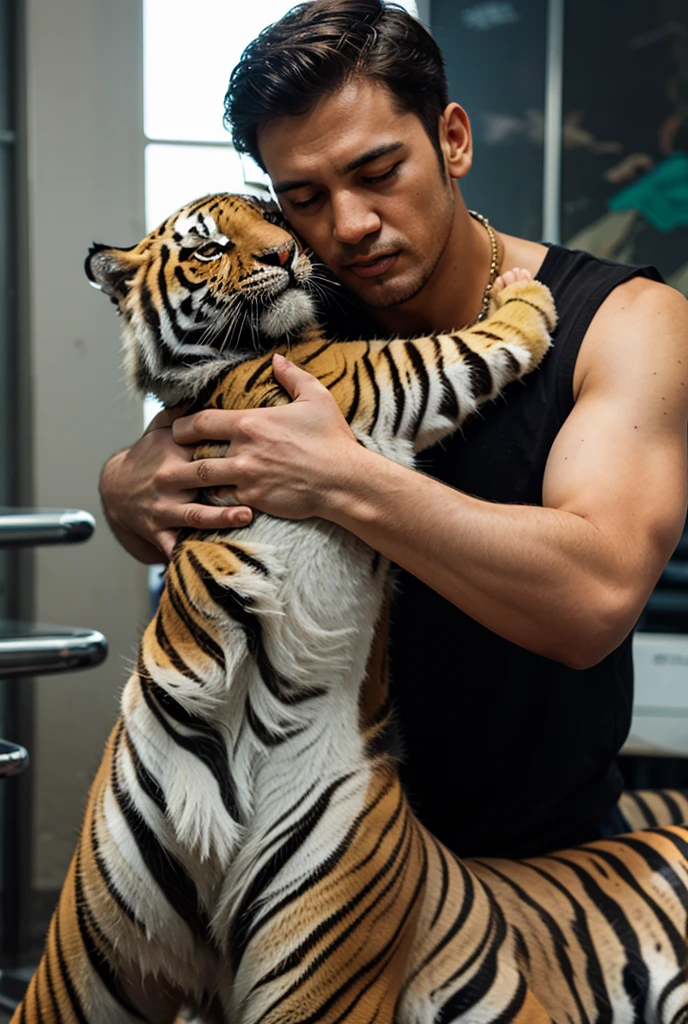 Man fights with tiger，short- sleeved，shorter pants，ring