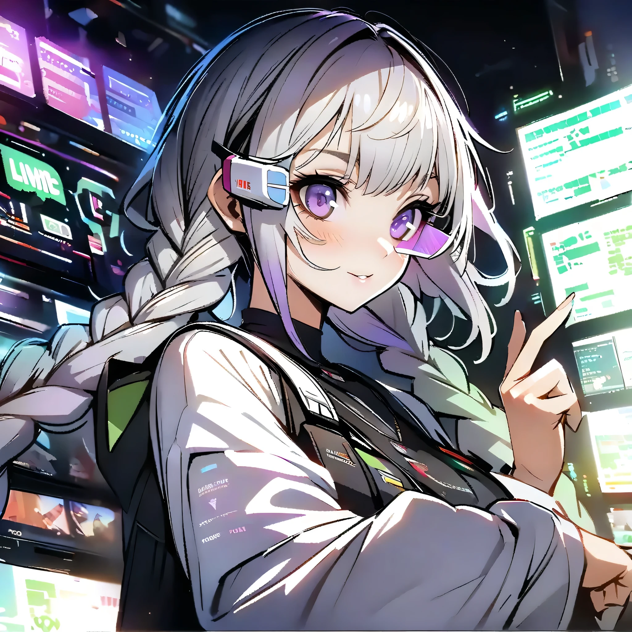 1 Kakure Hime、(((with the best details、Highest Quality、Supreme Masterpiece、Super Detailed、high definition、HHD、16k、CG)))、((( purple and white gradation hair color )))、(((Long braids)))、beautiful hidden star laptop wrapped in fantastic LED lights、Laptop PCs have become the world's brains and are building a new world、(((A highly difficult math formula is displayed in green letters from the)))、(((scouter is displayed in green letters and surrounds her)))、The background is black and lime neon color formula、