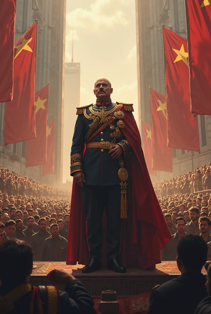 one War heroe sitting on Armored Tank, return city in triumph, from above, bird's eye view, cinematic still, dynamic movement, surreal, game scene, (best quality, masterpiece, photorealistic), very aesthetic, perfect composition, intricate details, ultra-detailed, vivid colors