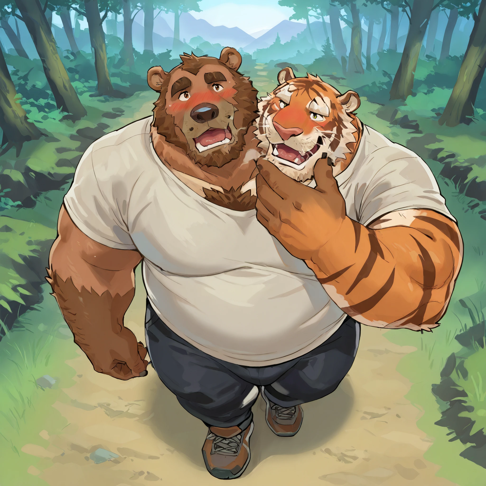 (orange manly old tiger and dark brown young bear conjoined) half orange fur half dark brown fur,looking different directions  ((two heads one body)), conjoined, walking, view from above, tiger is teasing, caressing face, solo, dynamic, adult, shy, hiking clothes, forest,looking at each other, pants, shirt, shouting, eyes, adult, male, (thick body, correct hands, correct anatomy, (best quality, detailed, 4k), teasing, adios, blushing, teasing, wide shoulders. by dramamine, big balls, fat, hairy
