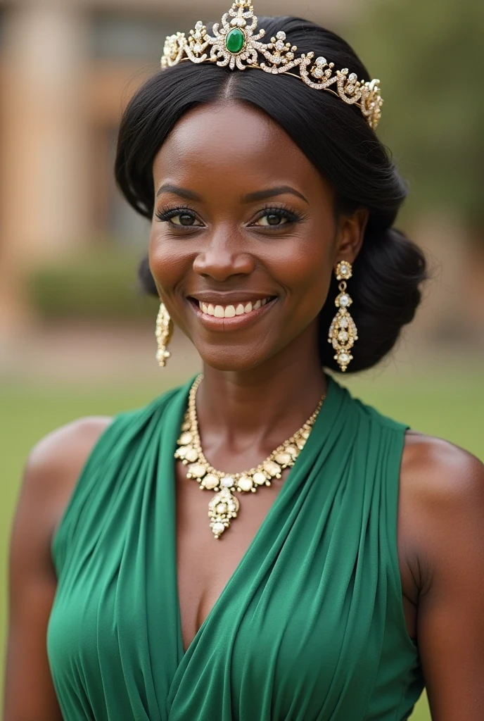Realistic upper body photo of a smiling, Young black girl with long hair, black skin, She dances in front of the camera in a long A-line bridesmaid dress with straps made of shiny green and purple satin., Park,glamour fotoshooting, Wedding celebration, perfect anatomy, perfect brown eyes. Perfect hands with 5 fingers on each hand, Matching girl, looking at the camera, 1 Frau. (Eye make up:1.1), (highly detailed skin:1.1), spirit, analog style, keen focus, 8K UHD, dslr, good quality, Fujifilm XT3, Grain, Award-winning, masterpiece. Wedding celebration