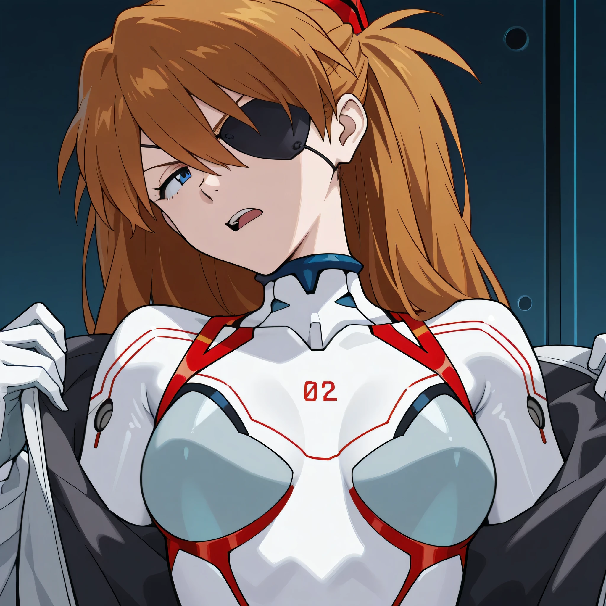 asuka langley, eyepatch, close up,removing jacket, white eva suit, head tilt, open mouth like talking, annoyed face, a bit angry, best quality, masterpiece, expressive lines