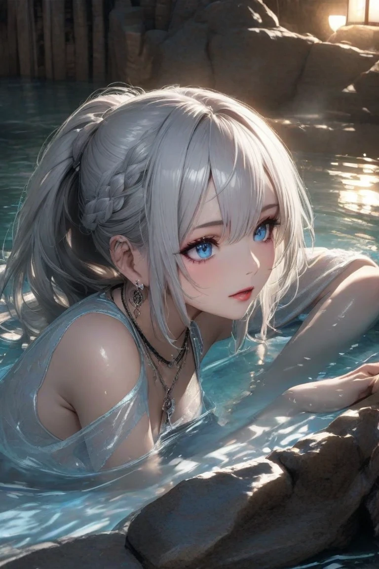 8K,gal,an extremely delicate and beautiful,Beautiful and realistic skin,Shiny jewel-like earrings,Long silver hair,beautiful eyes,whole body,head to toe,beautiful regs,beautiful bikini, Shining brightly cave lake,splash of water