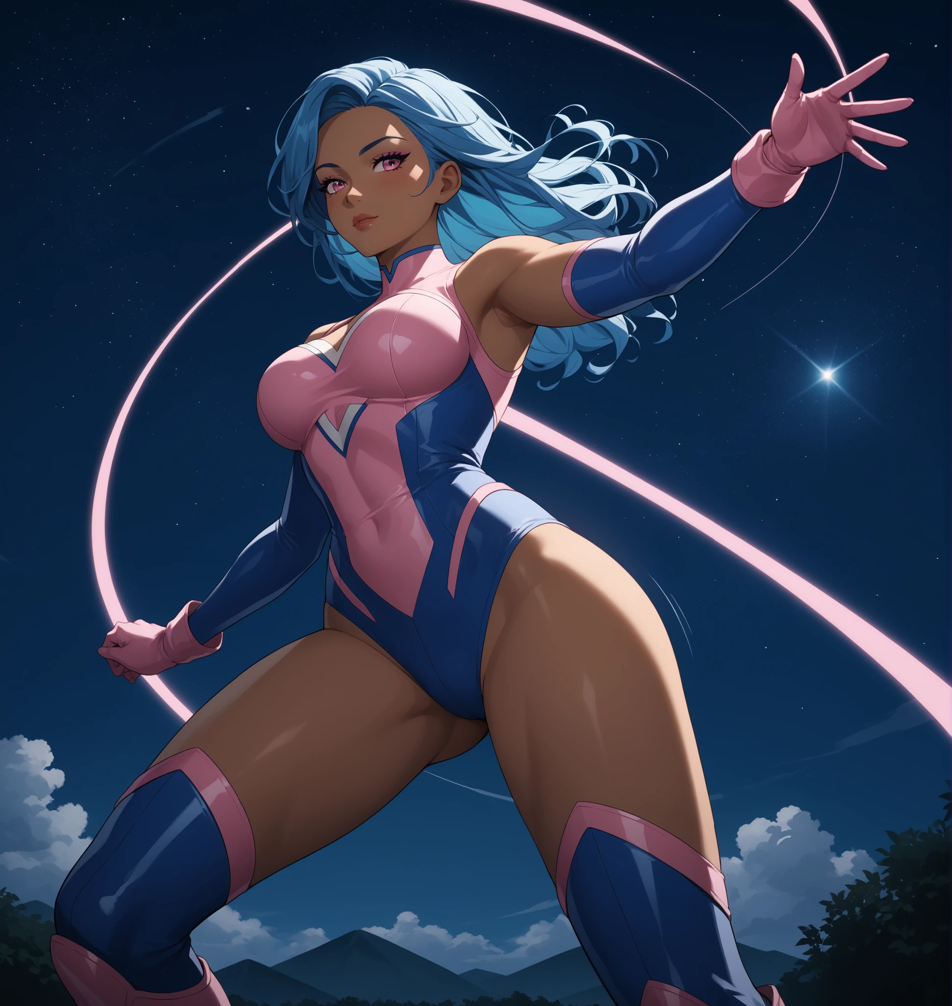 rabbit woman with blue and yellow eyes, in a blue bathing suit, long orange, pink shadow hair with rabbit ears same color bunny ears, space dandy, space hero, galactic hero, anime hero female, small smirk,long legs, mid bust, womanly figure.
absurdres, 8k,(RAW photo, best quality), (beautiful composition, coherent:1.3)
best quality, ultra high res, masterpiece, extremely detailed, 8k wallpaper, cinematic lighting,
beautiful detailed eyes, extremely detailed eyes and face, perfect anatomy,
an extremely delicate and cute face, round eyes
natural lighting, cinematic,