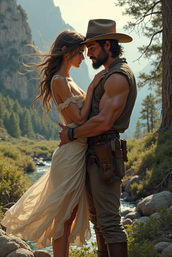 Create an image of a self-confident man, with a dominant and protective posture, interacting with a woman who feels safe and happy by his side. " Let the image be super realistic