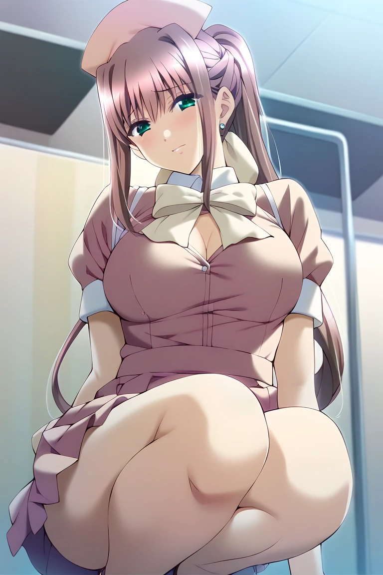 Dark pink uniform in the style of Anna Millers, cute girl clerk, A slightly shy smile for customer service, leaning down, Bustier-style dark pink dress that doesn't cover the breasts, Soft breasts around C cup, pink fluttering miniskirt, and draw the full body, unwear, Taking off clothes, She stands on one leg and takes off her panties down to her thighs., Interior of a large Western-style coffee shop, Her uniform is a little disheveled and her breasts are exposed., Draw nipples,Her skirt is a little disarray and her crotch is visible.,draw the crevice between the legs, Drops are dripping from my crotch, slightly dampening my thighs.