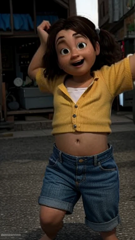 (Obra prima), (Pixar), retrato de corpo inteiro, olhando pra frente, with small feminine aesthetic appearance, pequenos seios, a roupa deve incluir saia muito curta, mostrando calcinhas fofas,. Ela deveria sorrir timidamente enquanto se alongava, dando a ela um visual safadinho 