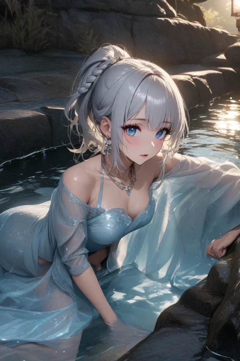Silver Hair Medium Hair Light blue eyes Light blue thick eyebrows beautiful girl smile Pink dress Water bubbles Water Drop Wet hair