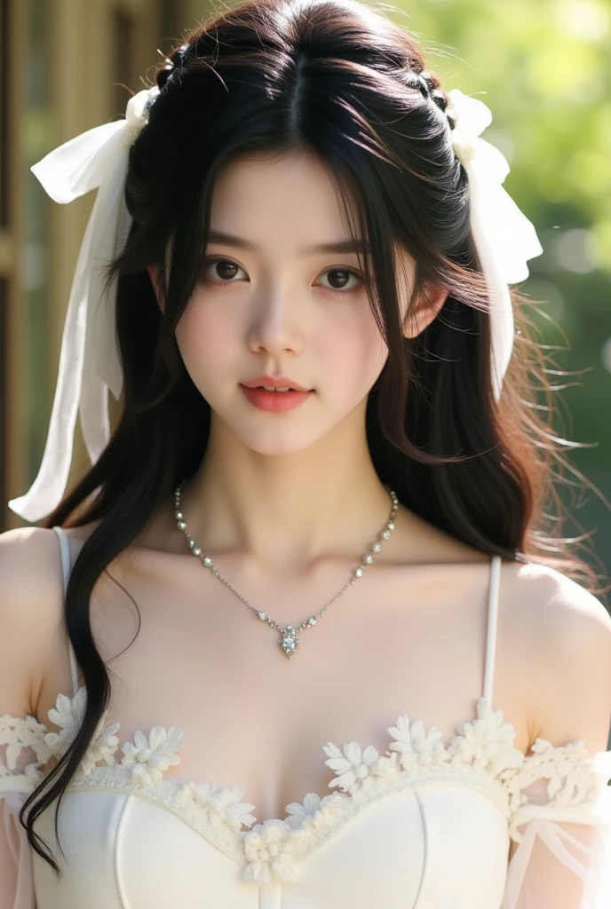best quality、tmasterpiece、ultra high resolution、actual、1 girl、Glossy skin、((Surreal detailed))、Global photo、8K、Highly complex details、shinning eyes、Black straight hair、highkey、pureerosfaceace_v1、A smile、Elegant pose、plump breasts、White ultra-thin transparent lace、Lots of flowers in the background