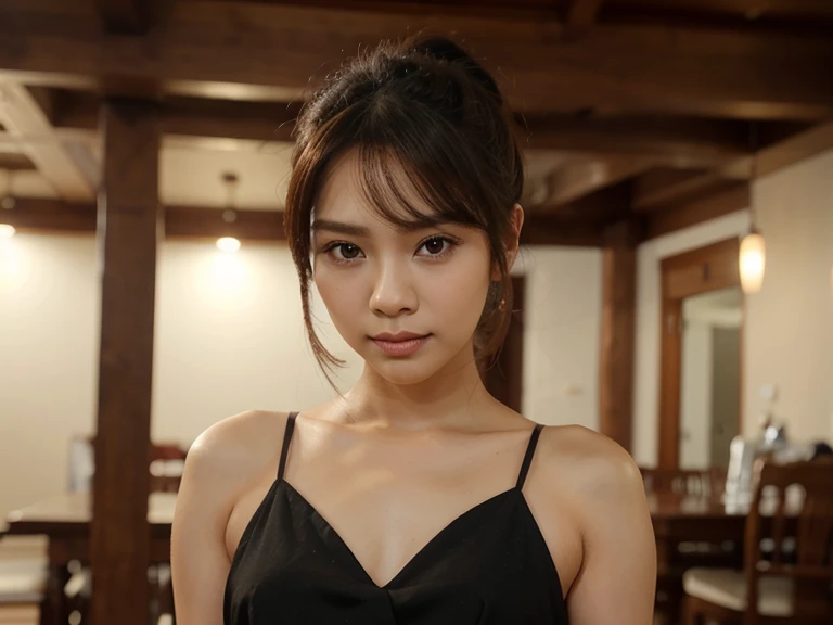 Realistic photo of (1cute Korean actress), tank top, in ramen shop, smiling, Canon EOS, clear facial features, close up portrait, cinematic mode, 8K