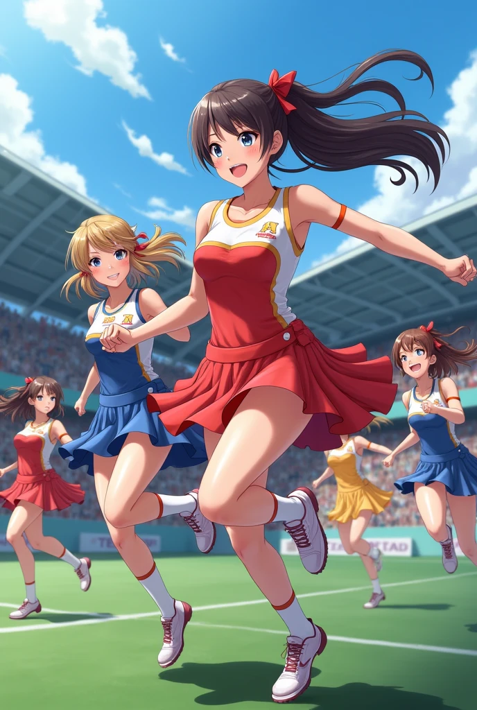 ((best quality)), ((Masterpiece)), (details), perfect face, realistically, hair ornament, outdoor, track field, daytime, lightray, glitter hair, brown eyes, glowing eyes, white short skirt, micro skirt, ((pussy reveal)), Blush, daytime, Wet, (see through), sleeveless shirt, armpit, 14 years old, ((big smile)), (((jumping))), mikan, masterpiece, highest quality, Highest resolution, highest detailed face, perfect hands, perfect anatomy, lift her hands, ((spread armpit)), arm raised, (((cheerleader dress))), (full body view), slightly spread legs, jumping, red sport shoes, tying hair, small breast, straight view, navel,